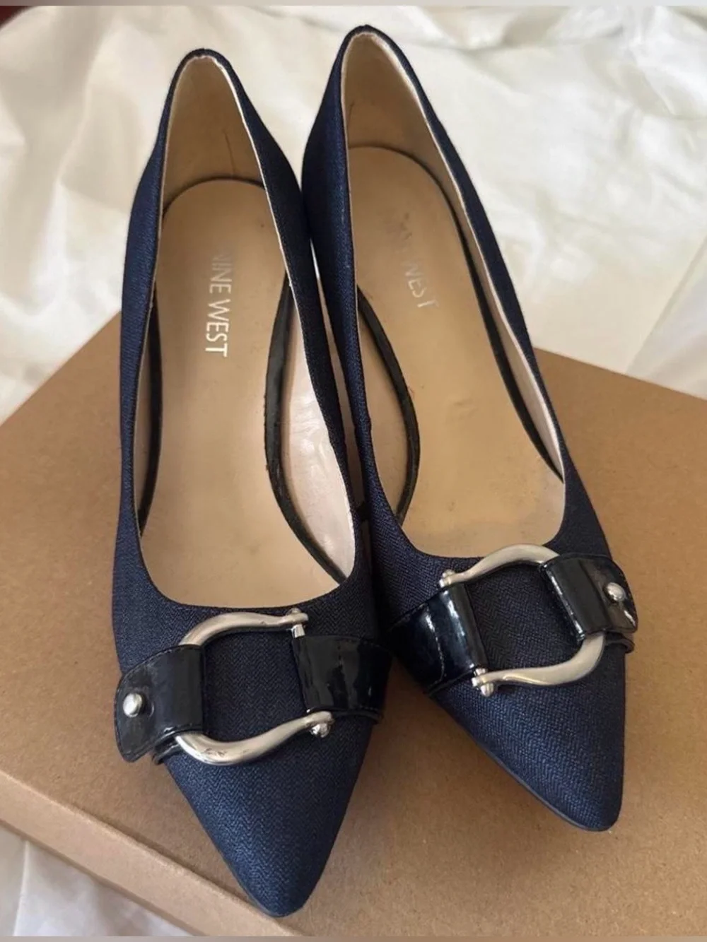 Nine West Women's Navy Pointed Toe Buckle Heels